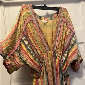 Colorful Striped Gauzy V-Neck En Creme Dress